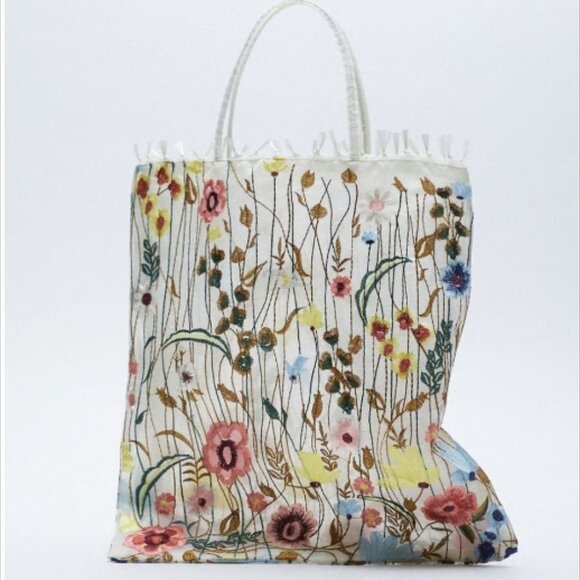 Zara Embroidered Floral Tote NWT - Picture 2 of 9